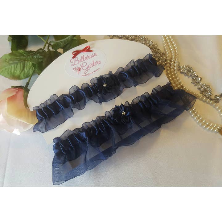 Navy Blue Satin and Organza Wedding Garter Set for wholesale by Bellarosa Garters