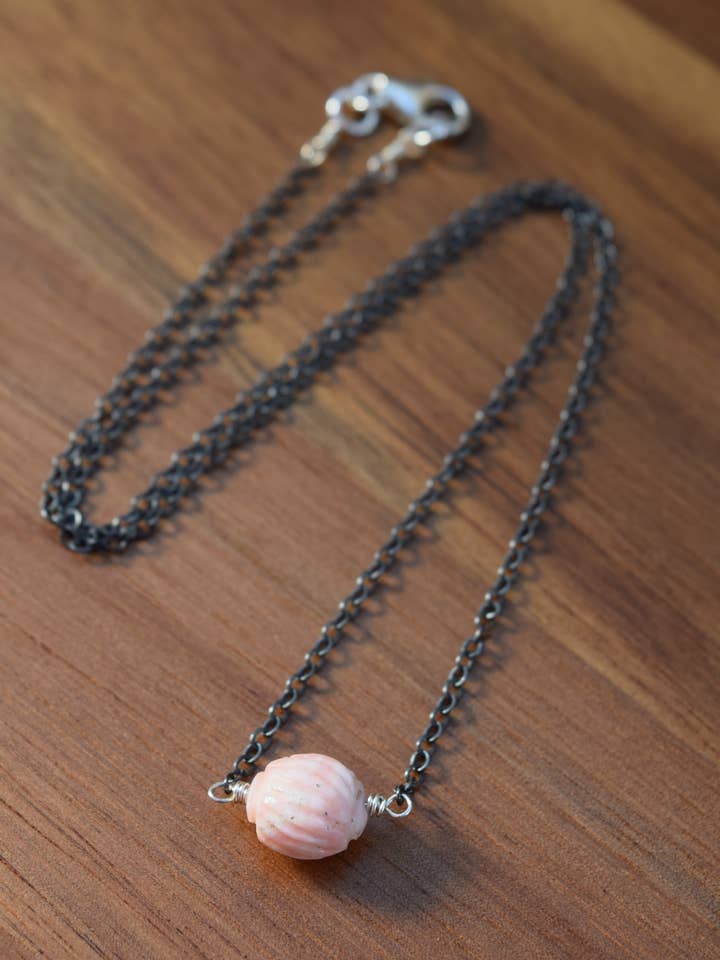 Carved Pink Opal Solitaire Necklace for wholesale by Solana Jewelry