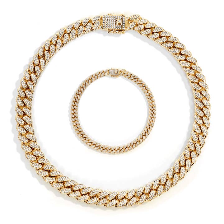 Gold Cuban Link Chain Necklace & Bracelet Set (15mm) for wholesale by EMESLY