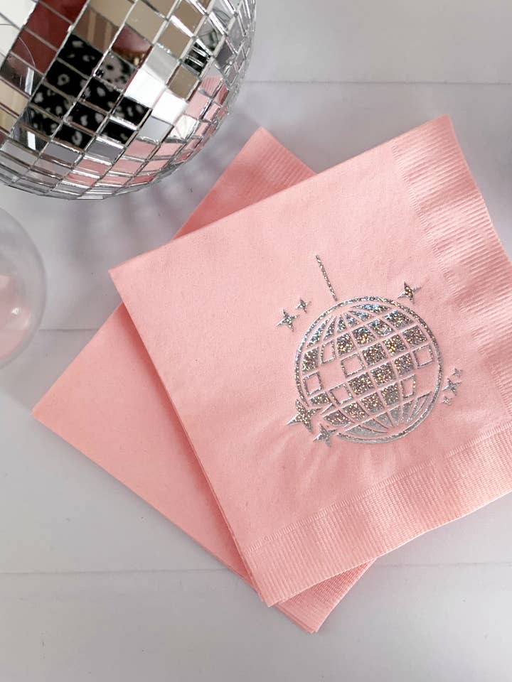Pink and Silver Disco Ball Cocktail Napkins for wholesale by EnFete, LLC