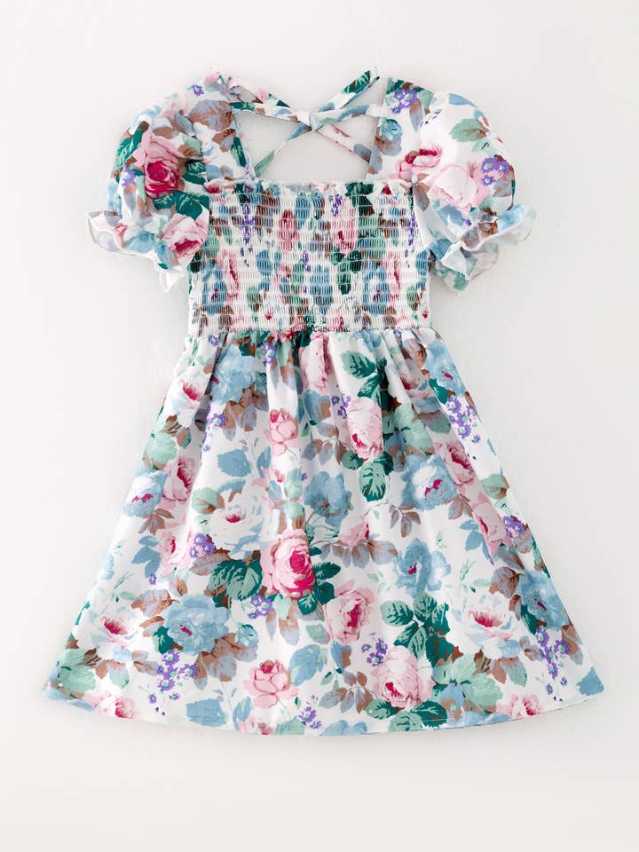Rylee Faith Designs - Wholesale Dress - Kids - Smocking Simple Floral Print Short Sleeve dress