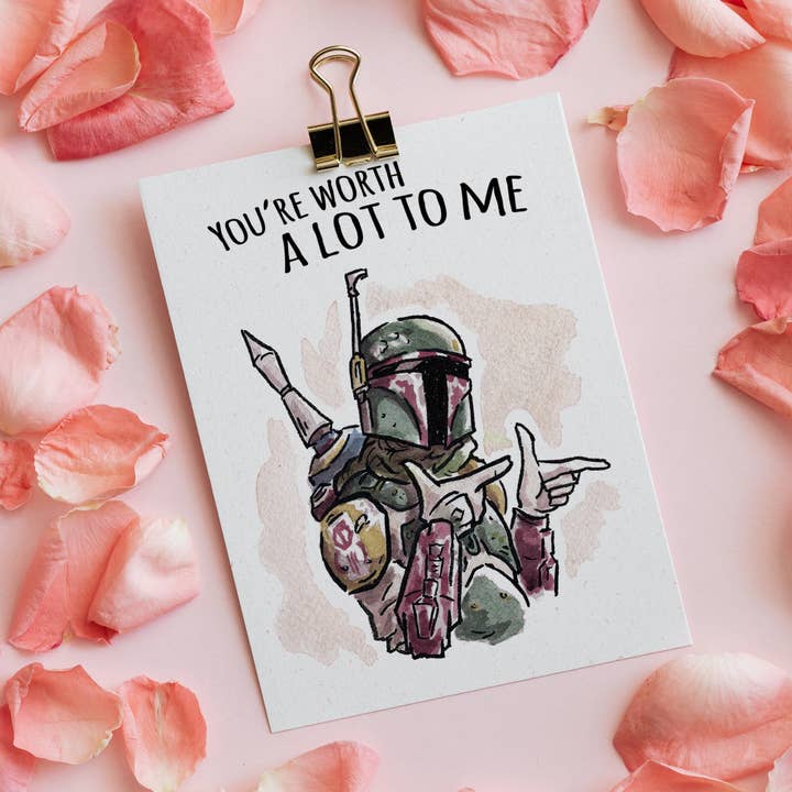 Aaron Millard Illustration – wholesale Valentine's Day card – "Worth a Lot to Me" - Galactic SciFi Nerdy Valentine Card