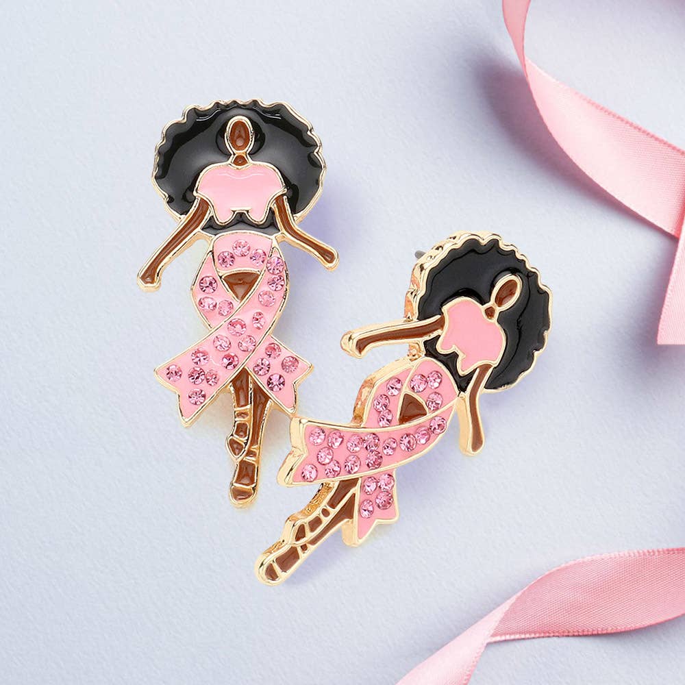 Sensibling Corp. - Wholesale Stud/Post Earrings - Stone Paved Pink Ribbon Enamel Afro Woman Earrings1