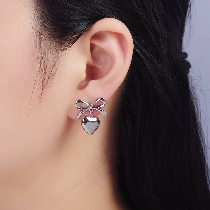Aim Eternal - Wholesale Stud/Post Earrings - 24k Gold Filled Heart Drop Ribbon Stud Earrings | V069 V070