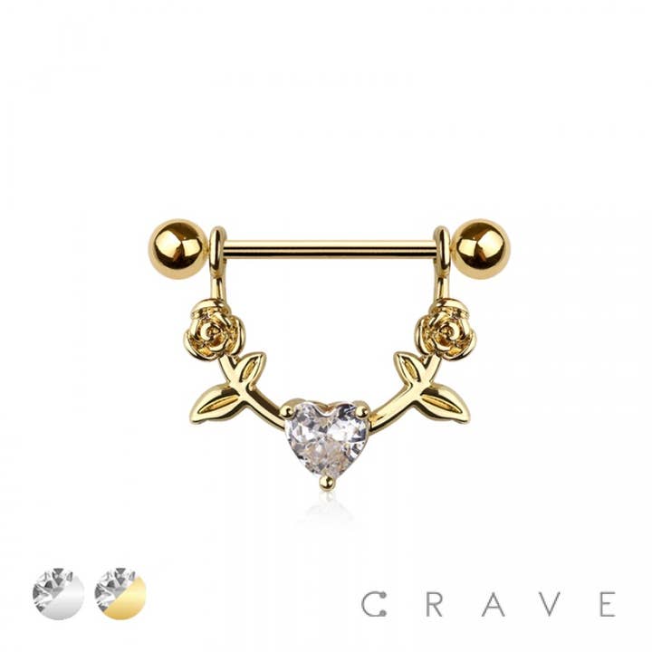 316L SURGICAL STEEL ROSE WITH CENTER HEART NIPPLE BAR for wholesale by CRAVE