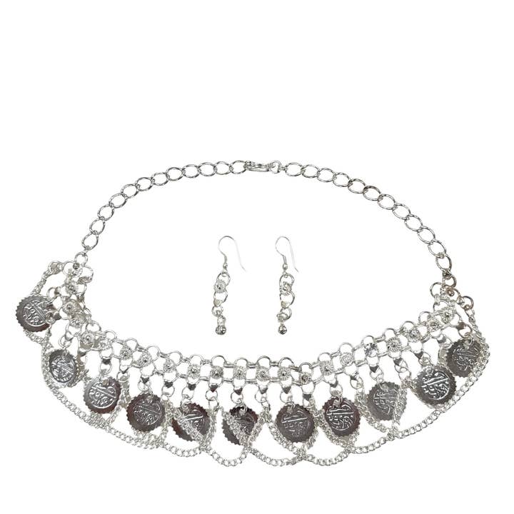 Mässing Metall Magdans Mynt Halsband Set Silverpläterat för wholesale av Treasure Jewelry