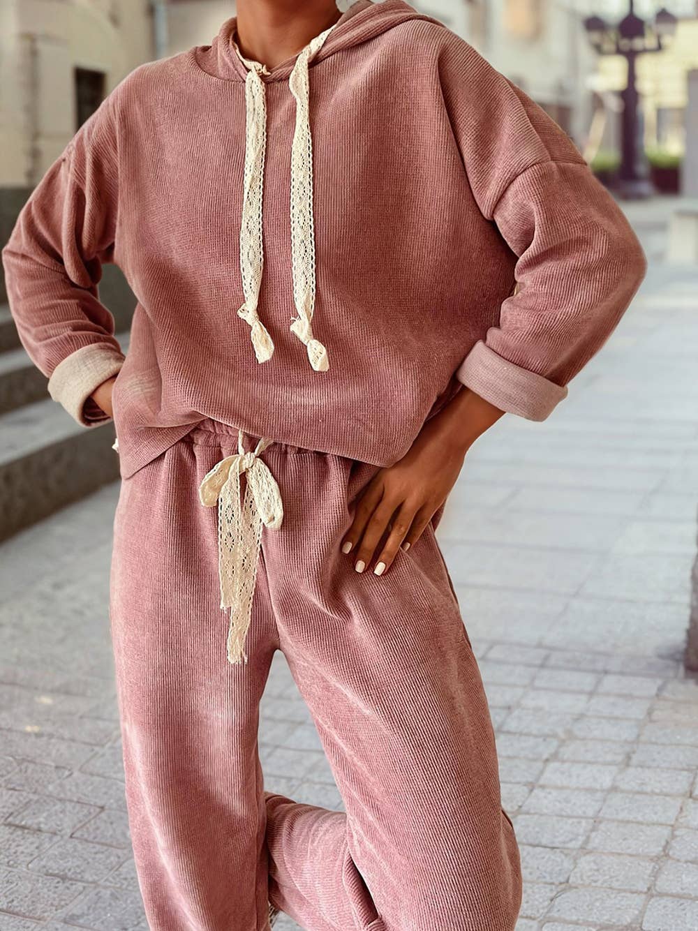 1 the Woman - Wholesale Lounge Set - Women's - Pullover Hoodie and High Waist Pants Corduroy Suit1