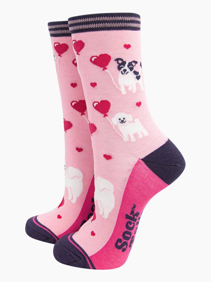 Women's Bamboo Socks - Pink, Dogs Love Heart Balloons for wholesale by Sock Talk