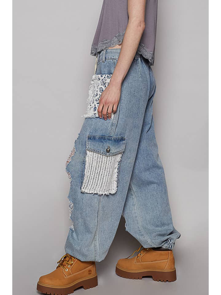 Pol Clothing - Wholesale Pants - Women's - Vintage Wash Crochet Patches Distress Jogger Pants SALE31