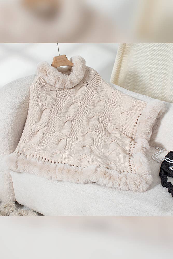 UNISHE - Wholesale Cape - Women's - Faux Fur Collar Chunky Cable Knit Sweater Cape MMY2258