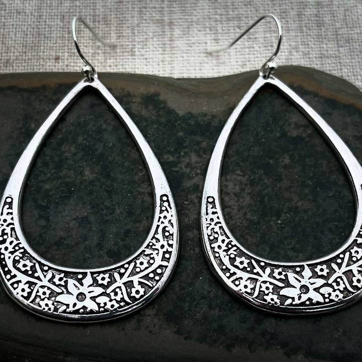 Silver Floral Boho Teardrop Dangle Earrings for wholesale by Tiger Flower Jewelry