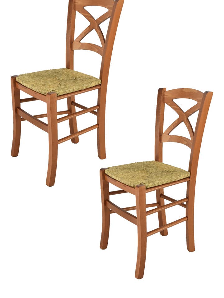 Cadeiras cruzadas em madeira de faia cor cereja, assento de palha por atacado de Tommychairs