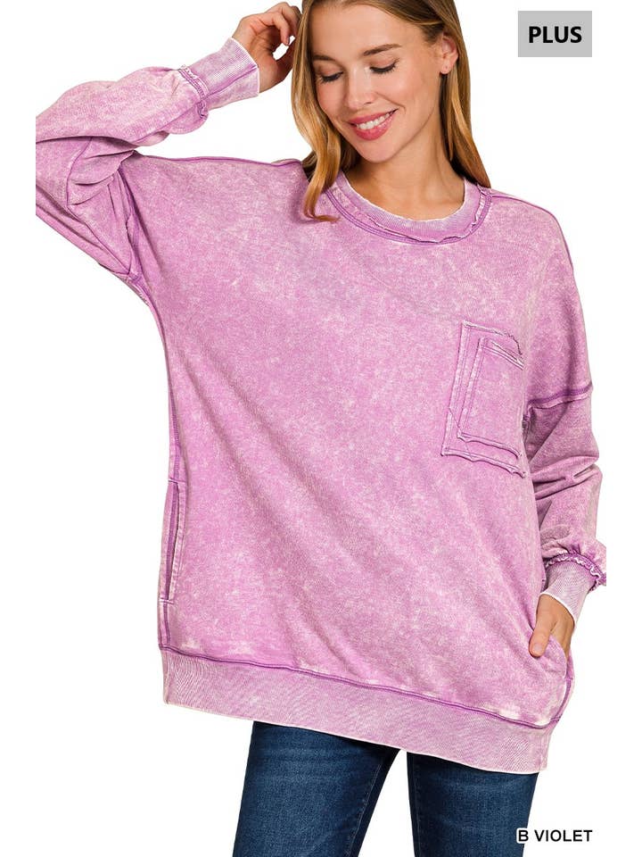42POPS - Wholesale Sweatshirt - Women's - ', Plus French Terry Acid Wash Raw Edge Front Pocket8