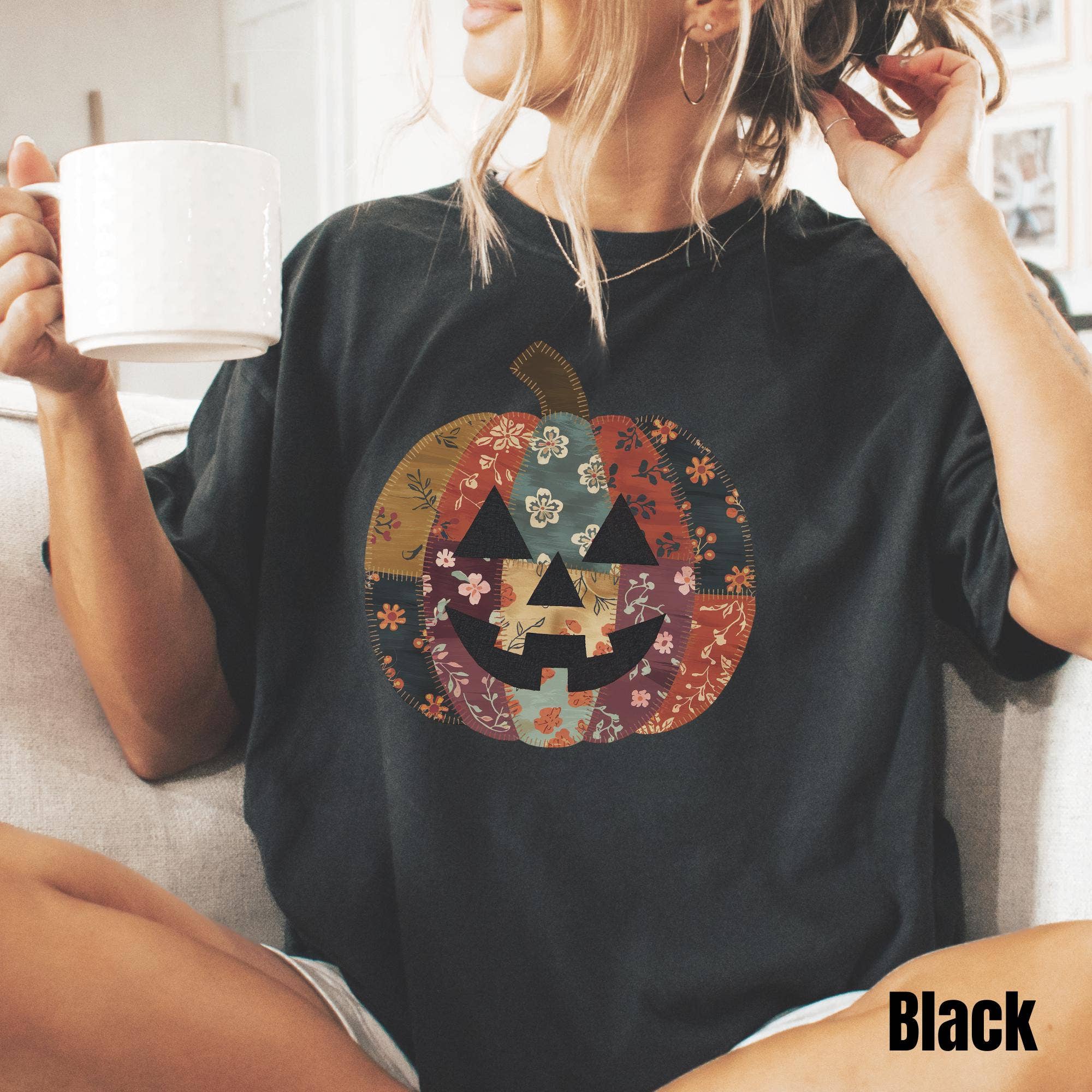 NVC Ecommerce LLC - Wholesale T-Shirt (Graphic) - Women's - Patchwork Pumpkin Shirt, Boho Fall, Halloween Sweatshirt0