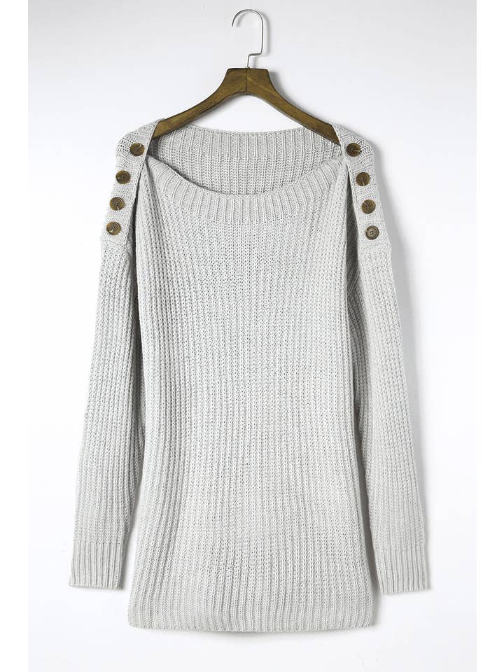 Gray Solid Buttoned Drop Shoulder Sweater for wholesale on Faire5