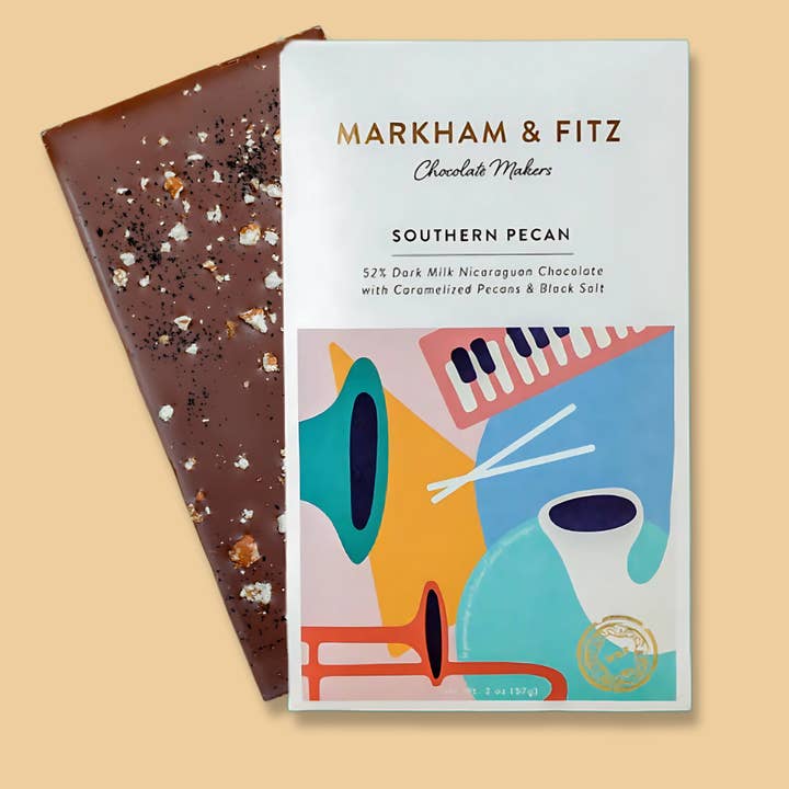 Southern Pecan Nicaraguan Dark Milk Chocolate Bar - 52%  for wholesale by Markham & Fitz Chocolate