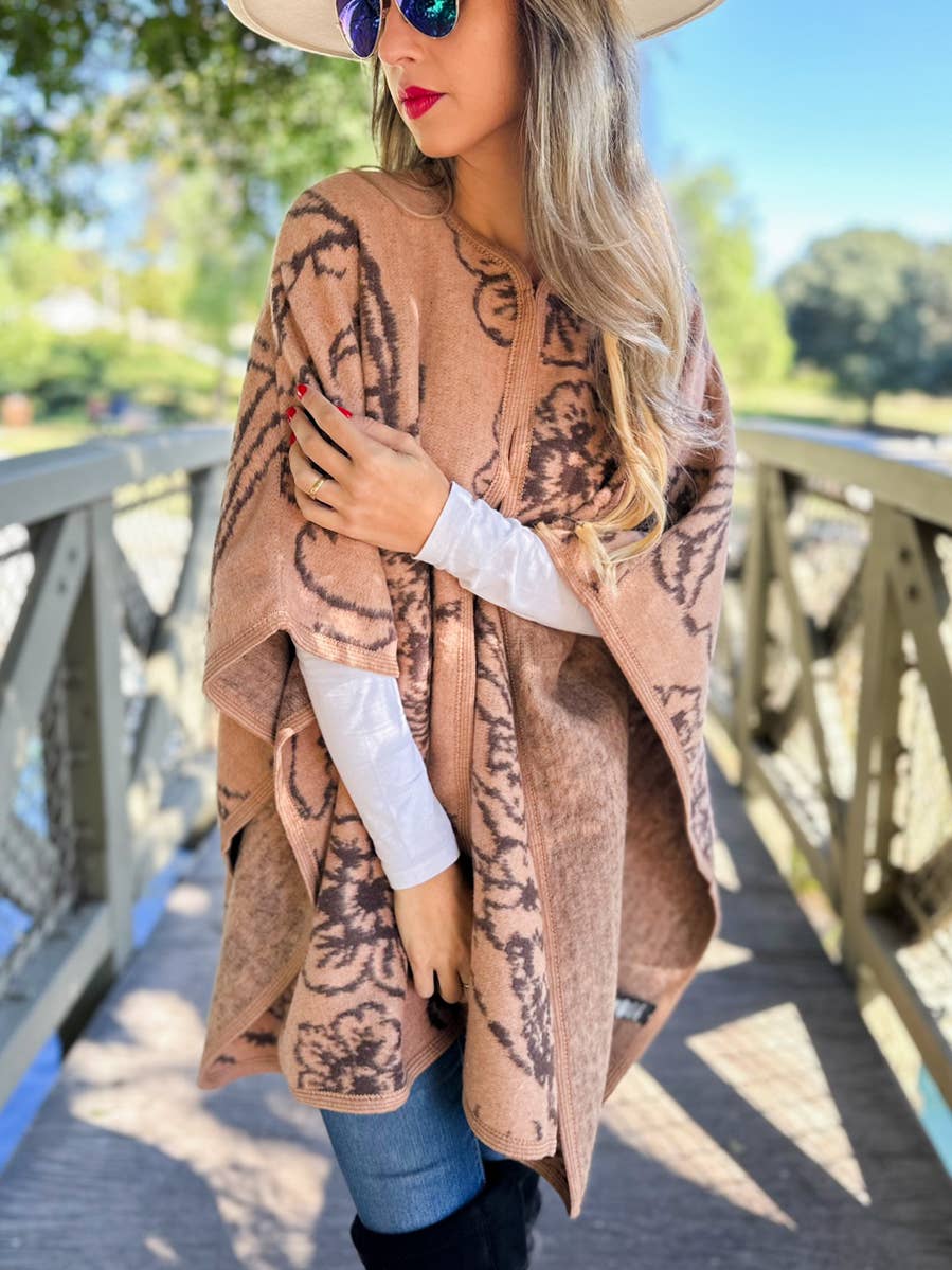 Camel Elegant Floral Print Cape Shawl Ruana Cardigan for wholesale on Faire5