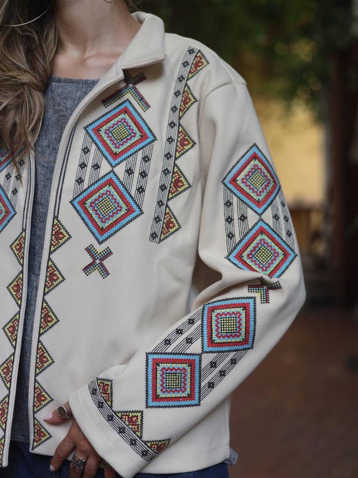 Cream Bohemian Ethnic Embroidered Cashmere Jacket for wholesale by miglo