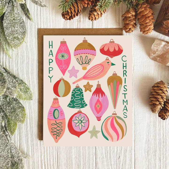 Christmas Notecard SET of 6 | Retro Ornaments for wholesale by Dream Folk Studio