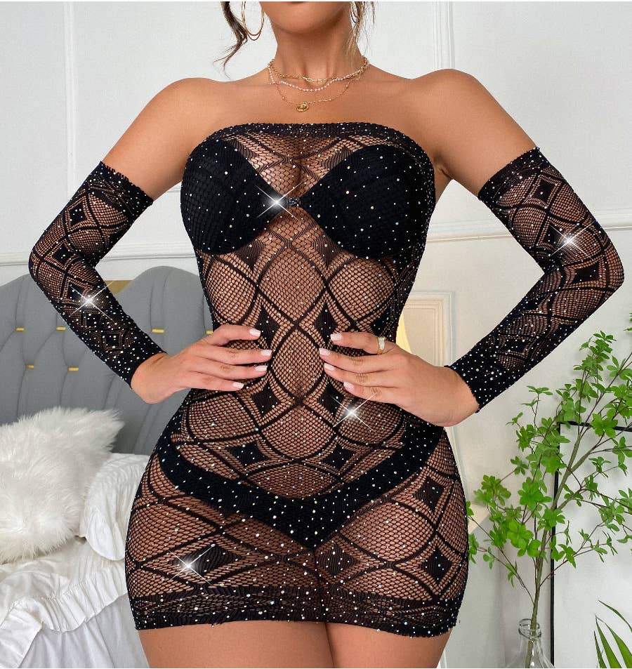 Black Sparkle Fishnet See Through Lingerie Dress with Gloves for wholesale on Faire