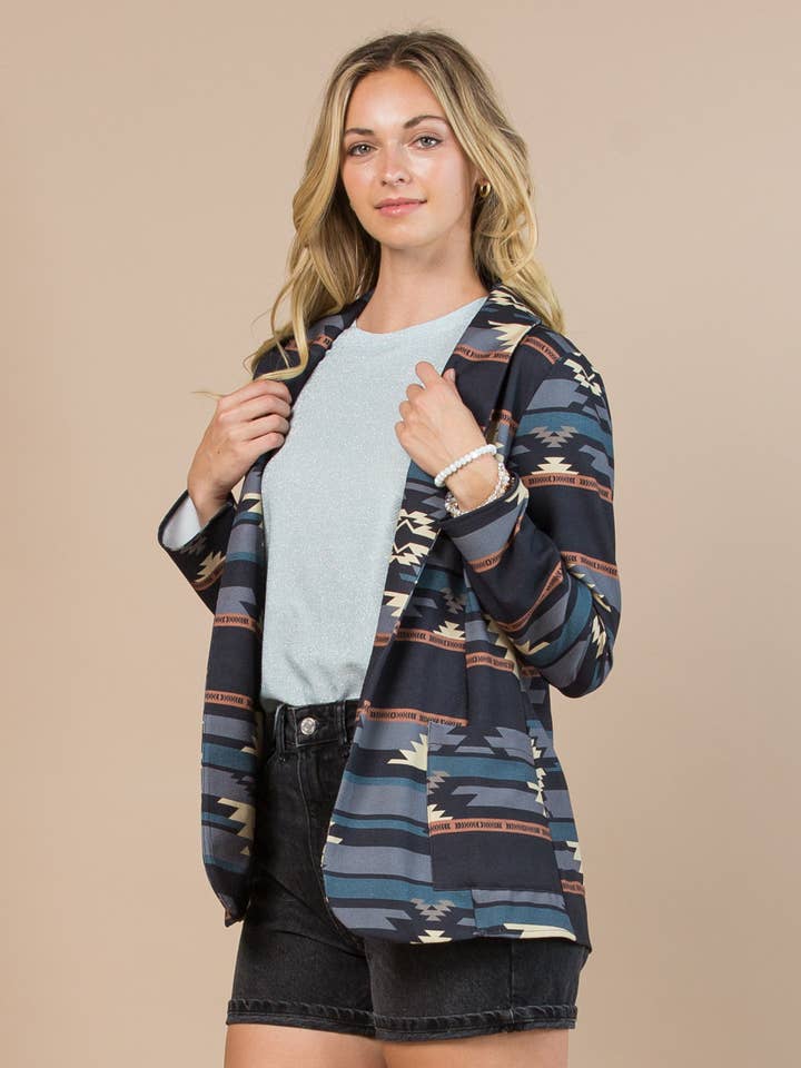 T1525-3569-Blazer à manches longues à col imprimé tribal occidental pour la vente par Nylon Apparel