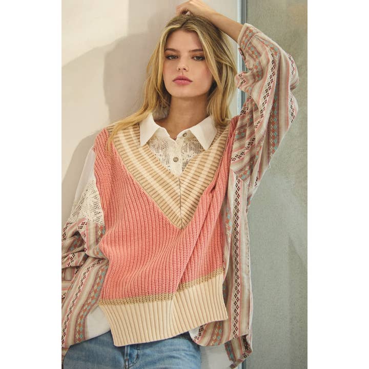 WASHED OVERSIZED BUTTON FRONT SHIRT WITH SWEATER VEST for wholesale by Oli&Hali