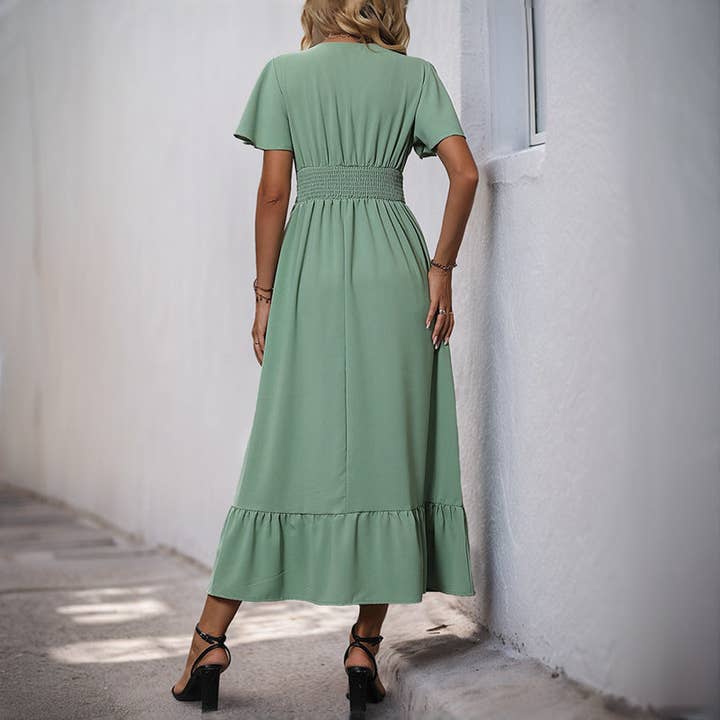 Green V Neck Flutter Sleeve Summer Midi Dress Casual Style for wholesale on Faire4