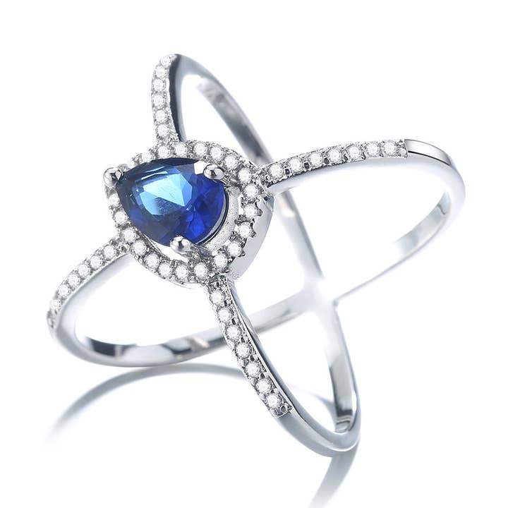 Amy and Annette - Vente Bague avec plusieurs pierres - Anneau X en forme de goutte d'eau en saphir et argent sterling0