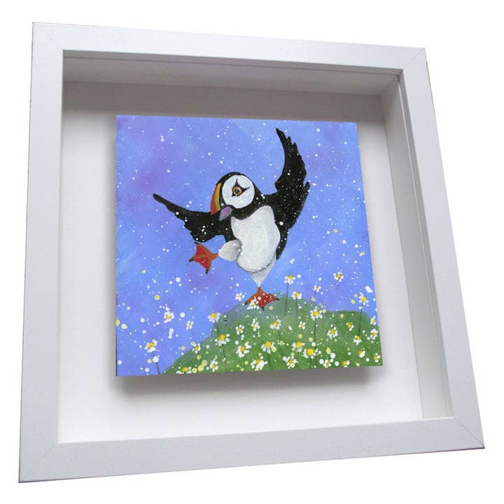 Puffin Dancing Framed Ceramic Tile for wholesale by Emily Ward Art