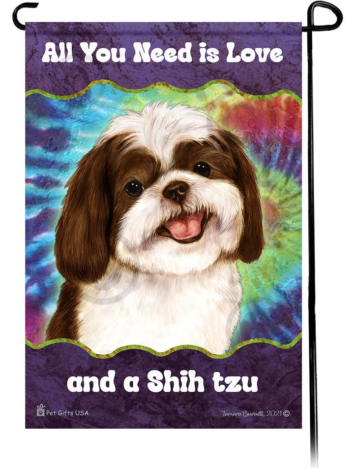 Shih Tzu Chocolate & White Woofstock Garden Flag for wholesale by Pet Gifts USA, LLC