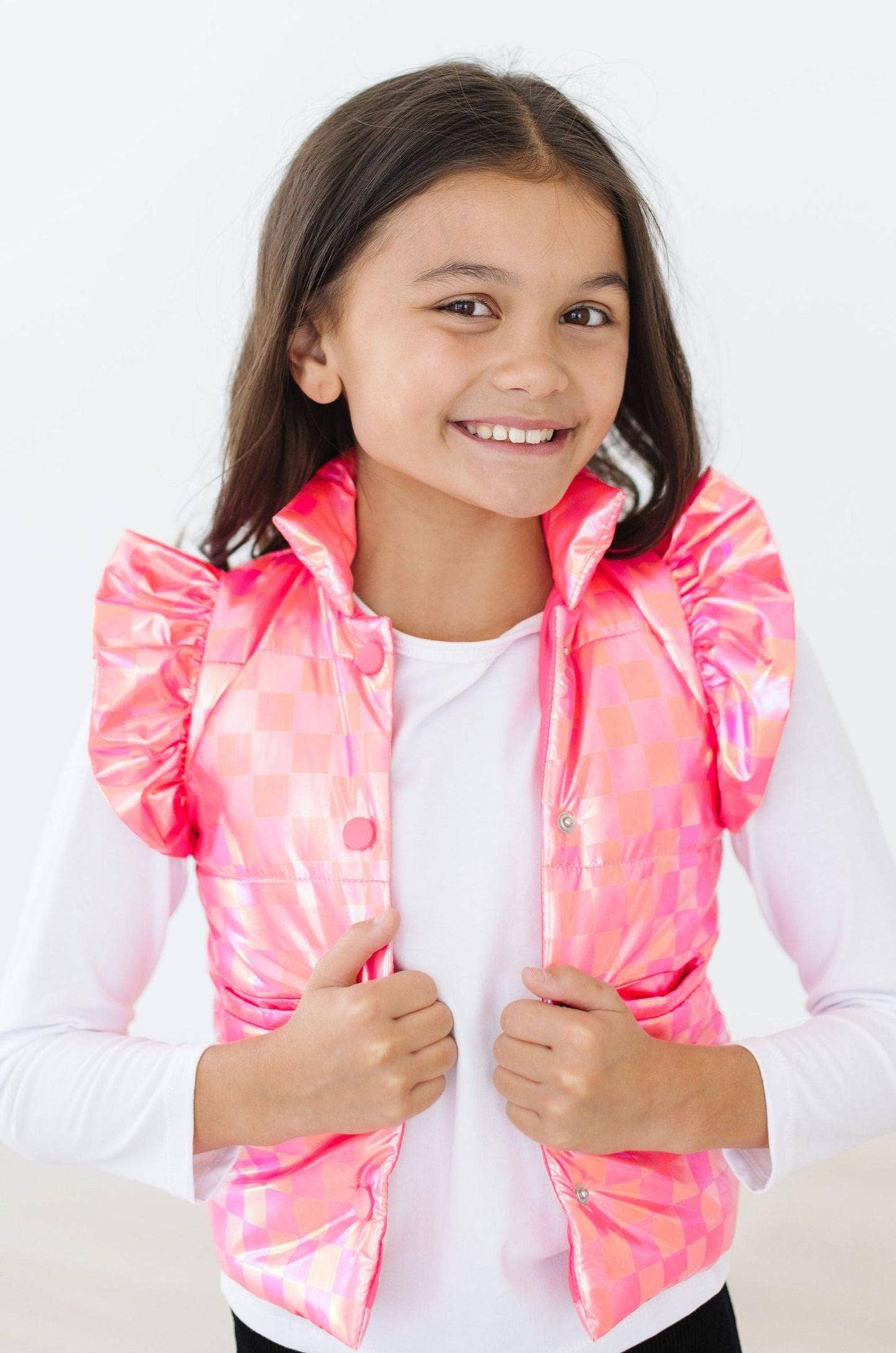 Mila & Rose - Wholesale Outerwear Vest - Kids - Neon Pink Checker Puffer Vest