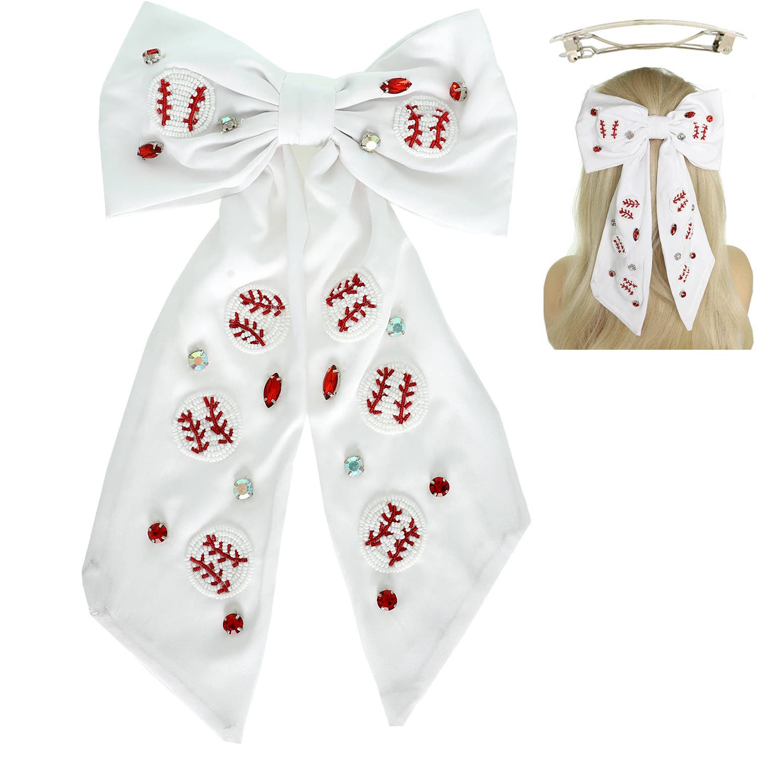 SP Sophia Collection - Wholesale Hair Clip - Women's - Baseball Embroidered Bow Barrette Hair Clip 1