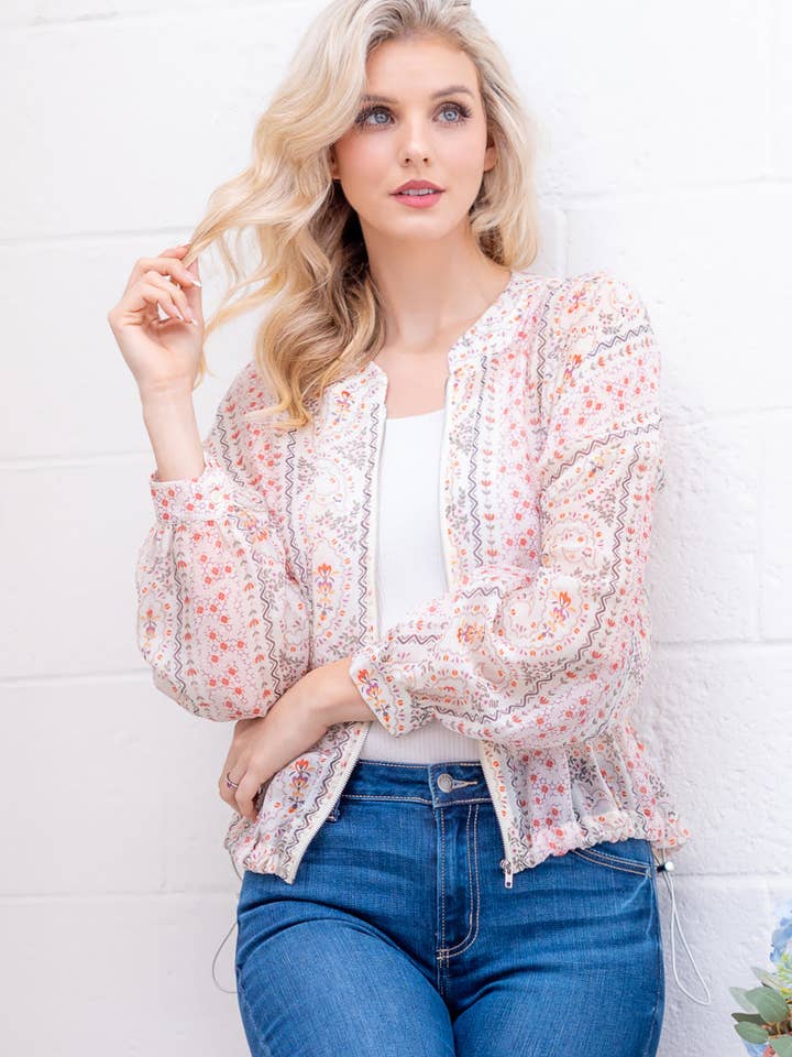 AJ2117T-printed zip up long sleeve lightweight jacket for wholesale by Taelynn