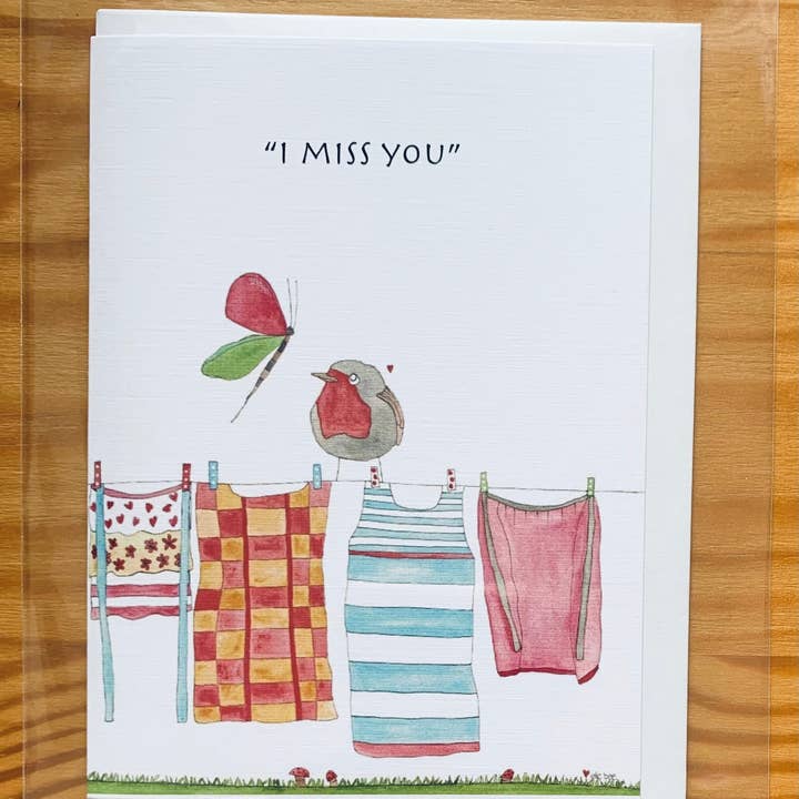 "I miss you (clothesline)" greeting card for wholesale by Elle Bee Art Studio