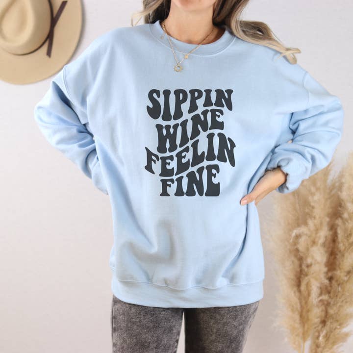 Trendznmore - Modern Graphic Apparel - Wholesale Graphic Sweatshirt - Women's - Sippin Wine Feelin Fine Crewneck Sweatshirt4