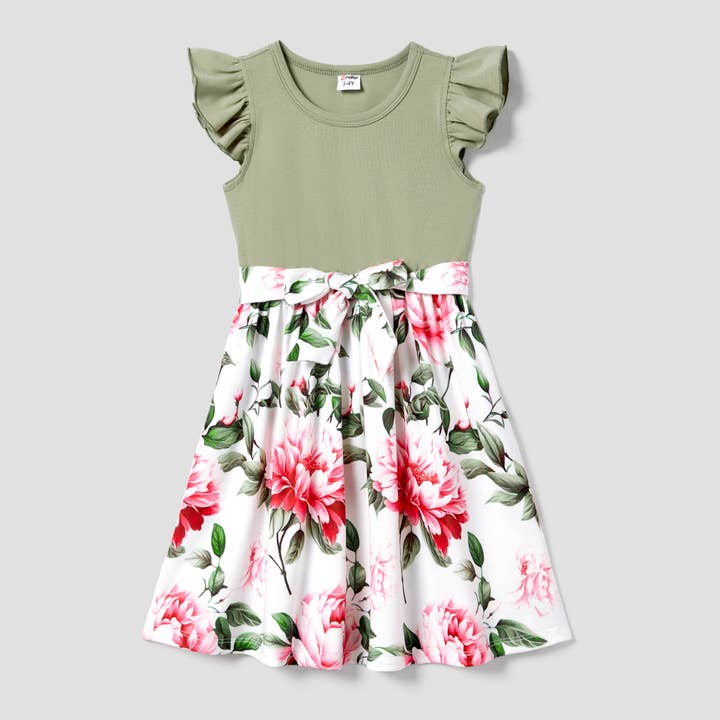 LightArmyGreen Raglan-Sleeve T-shirt and Flutter Shoulder Floral Dress Sets for wholesale on Faire7