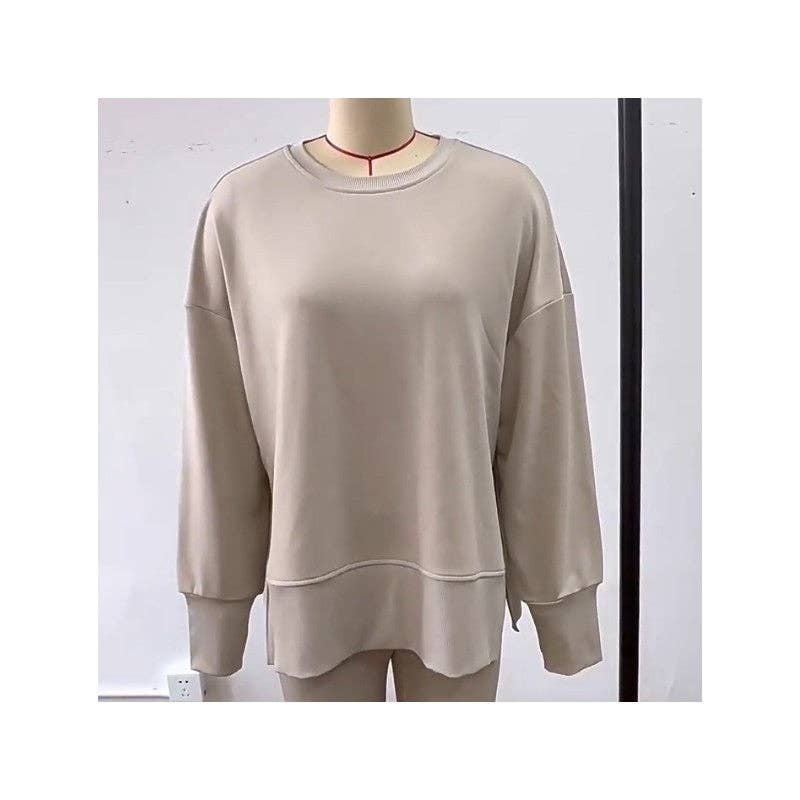 FurDecoration - Wholesale Lounge Set - Women's - Solid Color Round Neck Slit Sweatshirt And Skinny Pants Set8