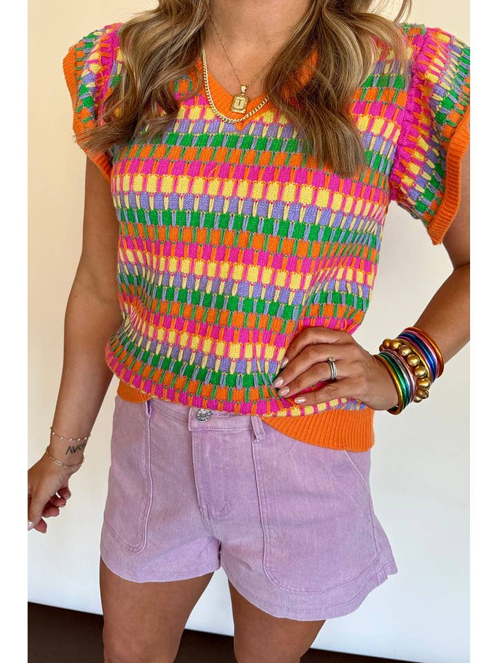 PRETTY BASH - Wholesale Knit Top - Women's - Stripe Flutter Sleeve Sweater Top