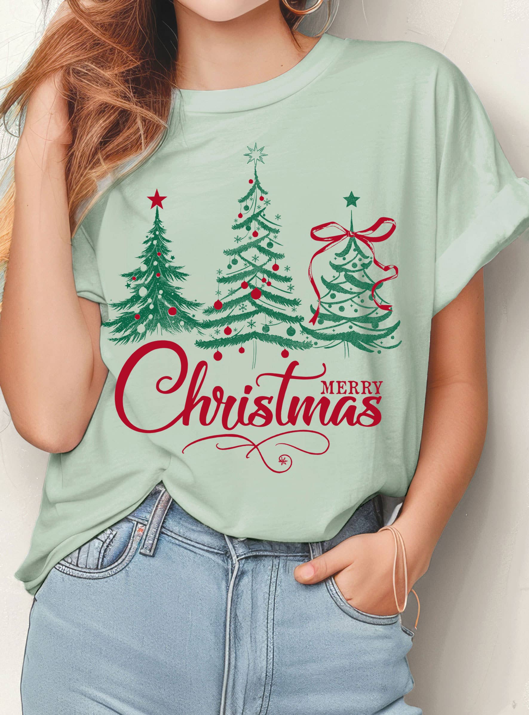 Rustee Clothing – Großhandel T-Shirt mit Siebdruck – Unisex – T-SHIRTS MIT FRÖHLICHER WEIHNACHTSBAUM-LICHTGRAFIK2