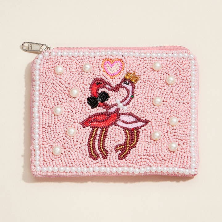 NA Beaded Pink Flamingo Glam Pearl-Embellished Clutch for wholesale on Faire1