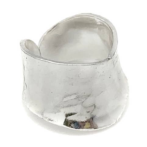 Silver Plated Adjustable Ring - Wide Hammered Arc for wholesale by Anju Jewelry
