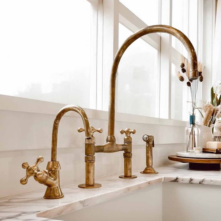 Unlacquered Brass Kitchen Faucet - 8" Bridge Faucet and other Purchase Wholesale catering kitchen. Free Returns & Net 60 Terms on Faire trending on Faire.