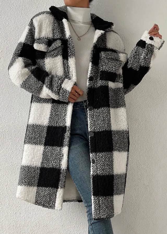 Miss Sparkling - Wholesale Coat - Women's - Sherpa plaid long coat1