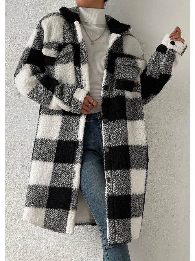 Miss Sparkling - Wholesale Coat - Women's - Sherpa plaid long coat1