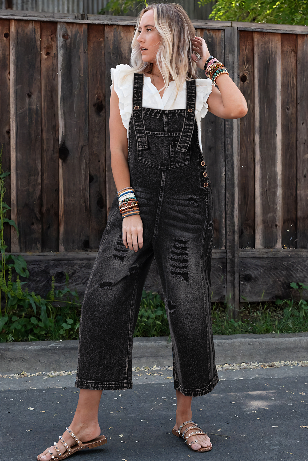 Black Distressed Bib Pocket Wide Leg Denim Overall for wholesale on Faire2
