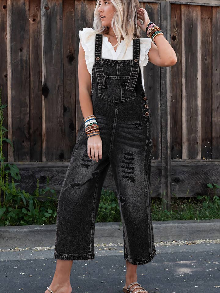 Black Distressed Bib Pocket Wide Leg Denim Overall for wholesale on Faire2