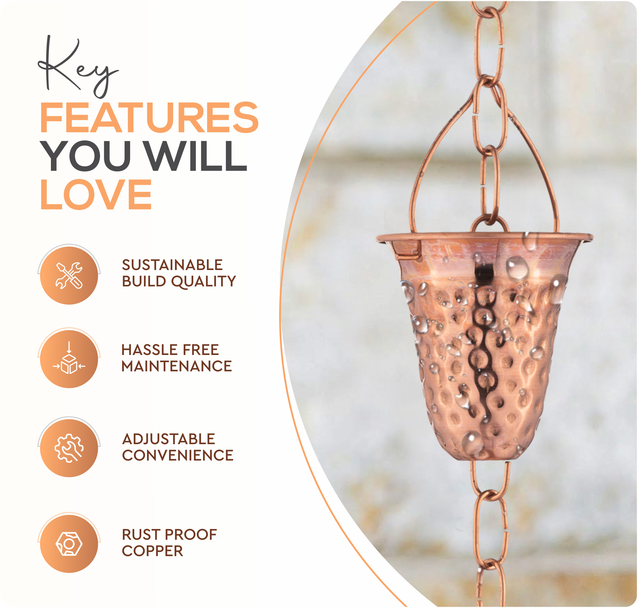 Marrgon - Wholesale Outdoor Ornament/Decor - Marrgon Copper Rain Chain with Hammered Bell Style Cups for Gutter2