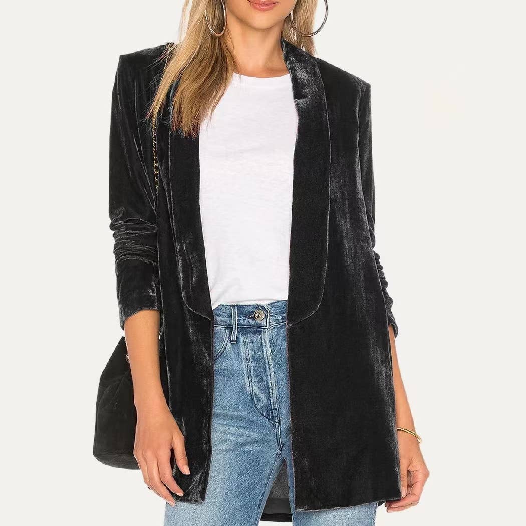 The Moment Collection - Wholesale Blazer - Women's - Trendy Velvet Solid Open Front Lightweight Blazer3
