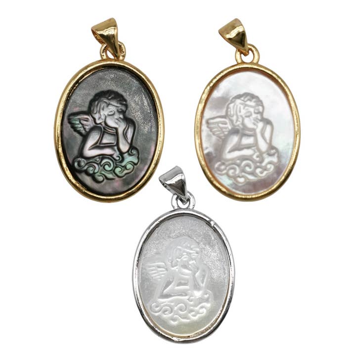 Hand-carved mother-of-pearl small angel pendant adorned for wholesale by Foliesbijoux