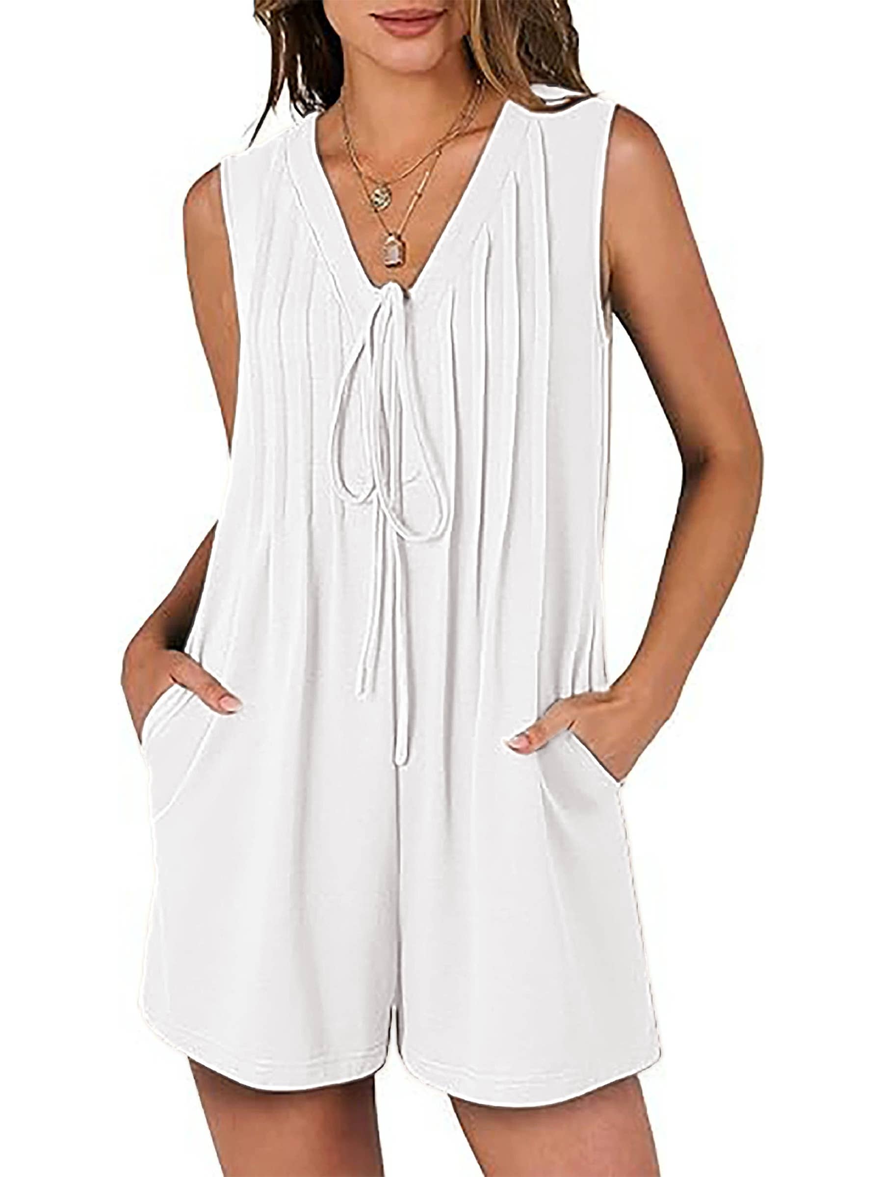 Wholesalesir - Wholesale Romper - Women's - Loose Sleeveless Pleated Front Lace Up Jumpsuit Pocket0